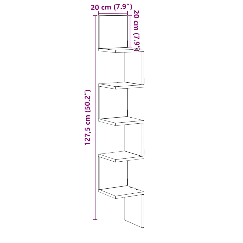 Γωνιακή Ραφιέρα Τοίχου Παλιό Ξύλο 20x20x127,5 εκ. Μοριοσανίδα 9